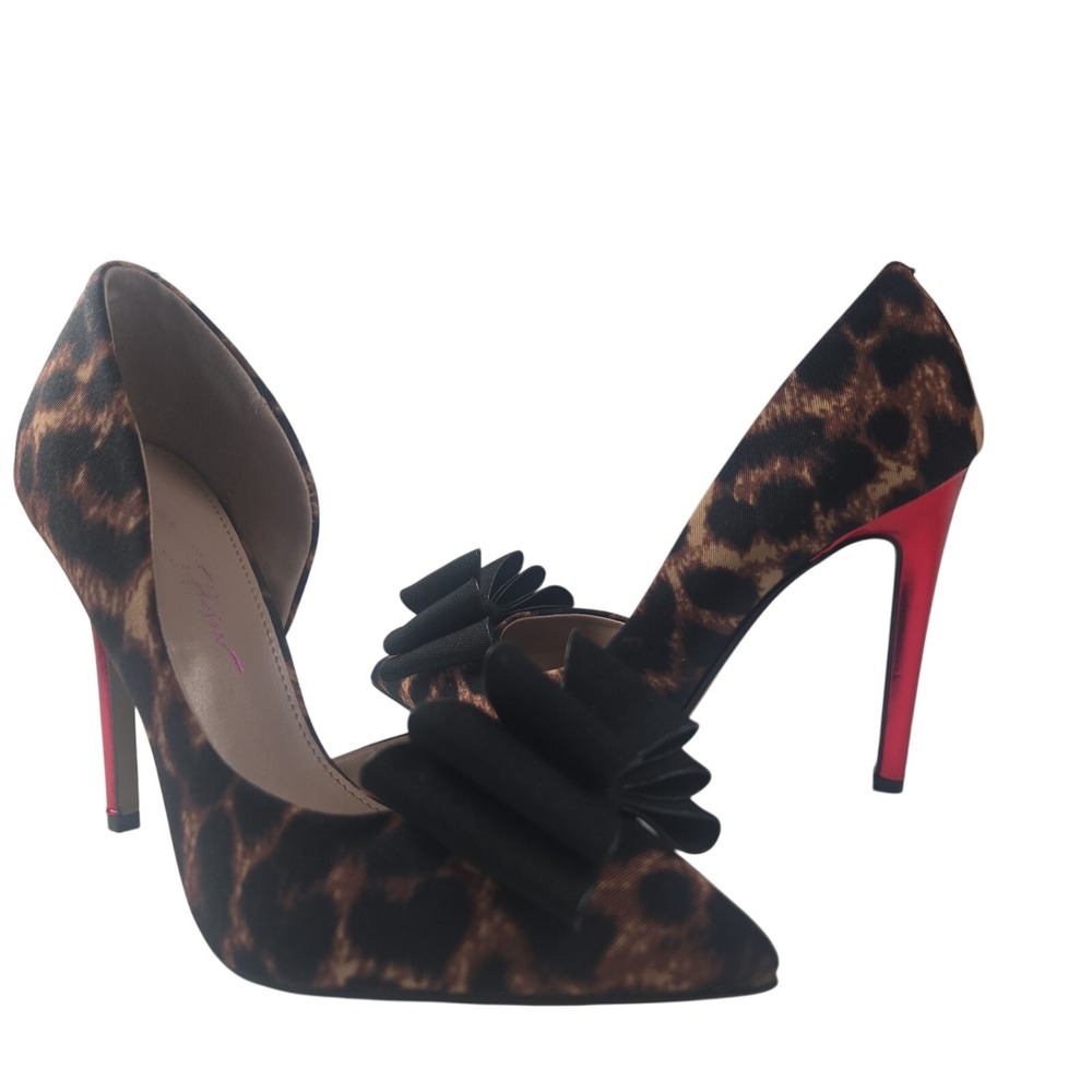 Betsey Johnson Size 7 Prince Leopard Print Metallic Red Heel Bow Shoes